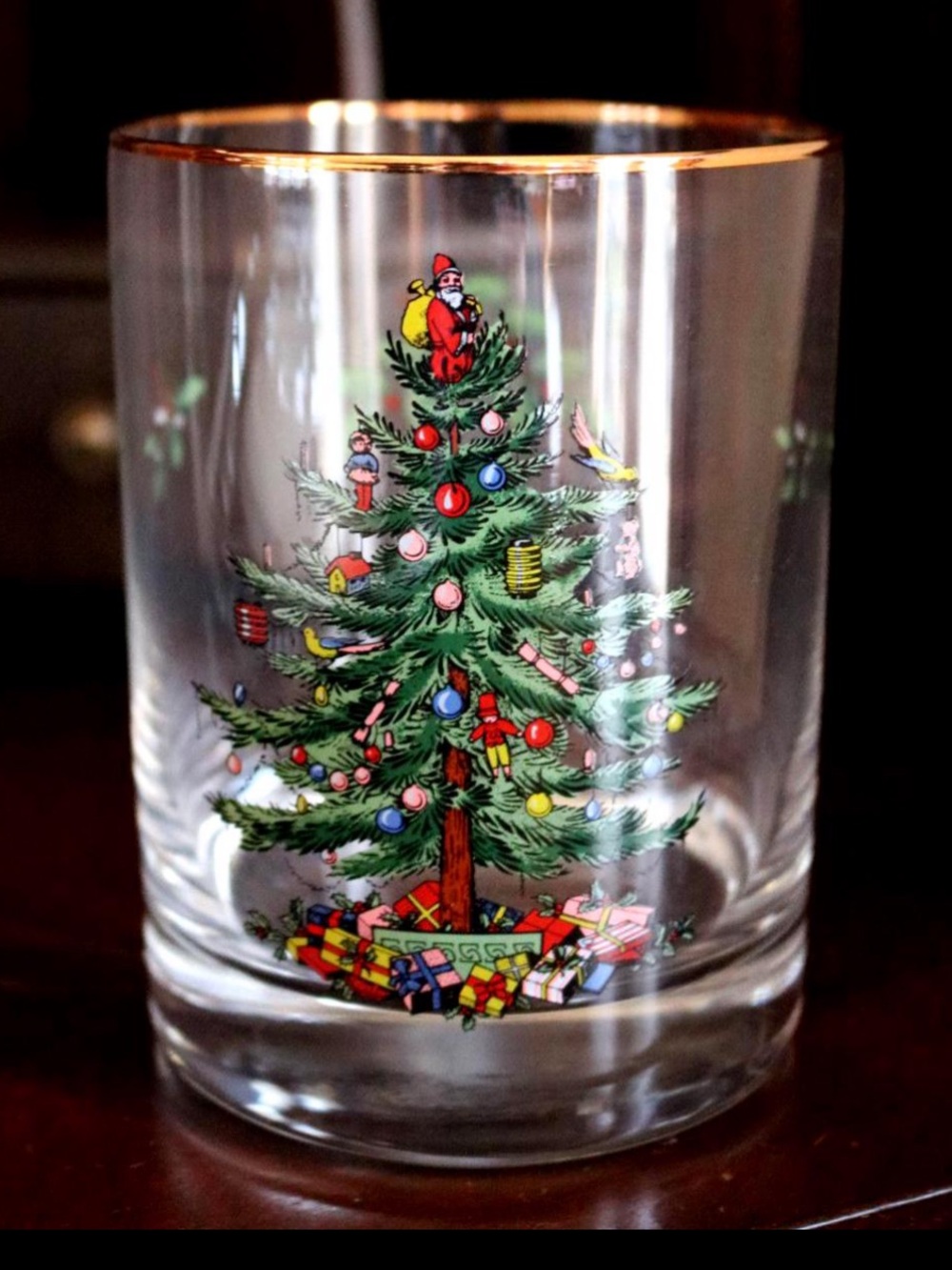 Spode Holiday Glass Tumbler set of 4 with Green Christmas Tree and Gold Rim